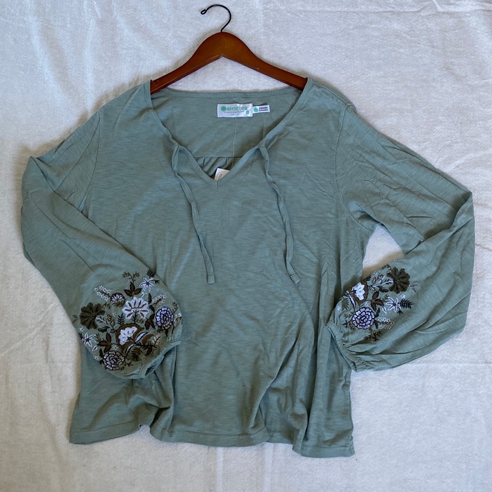 Aventura Kateri Long Sleeve Top in Grey Mist Green with Embroidery Detail